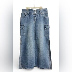 VTG Y2K Denim Maxi Skirt Side Slits Cargo Style Med Wash Grunge 9 Juniors